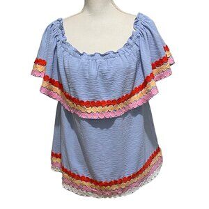 Entro Womens Tiered Top L Blue Resort Wear Vacation Bohochic Kidcore Dopamine